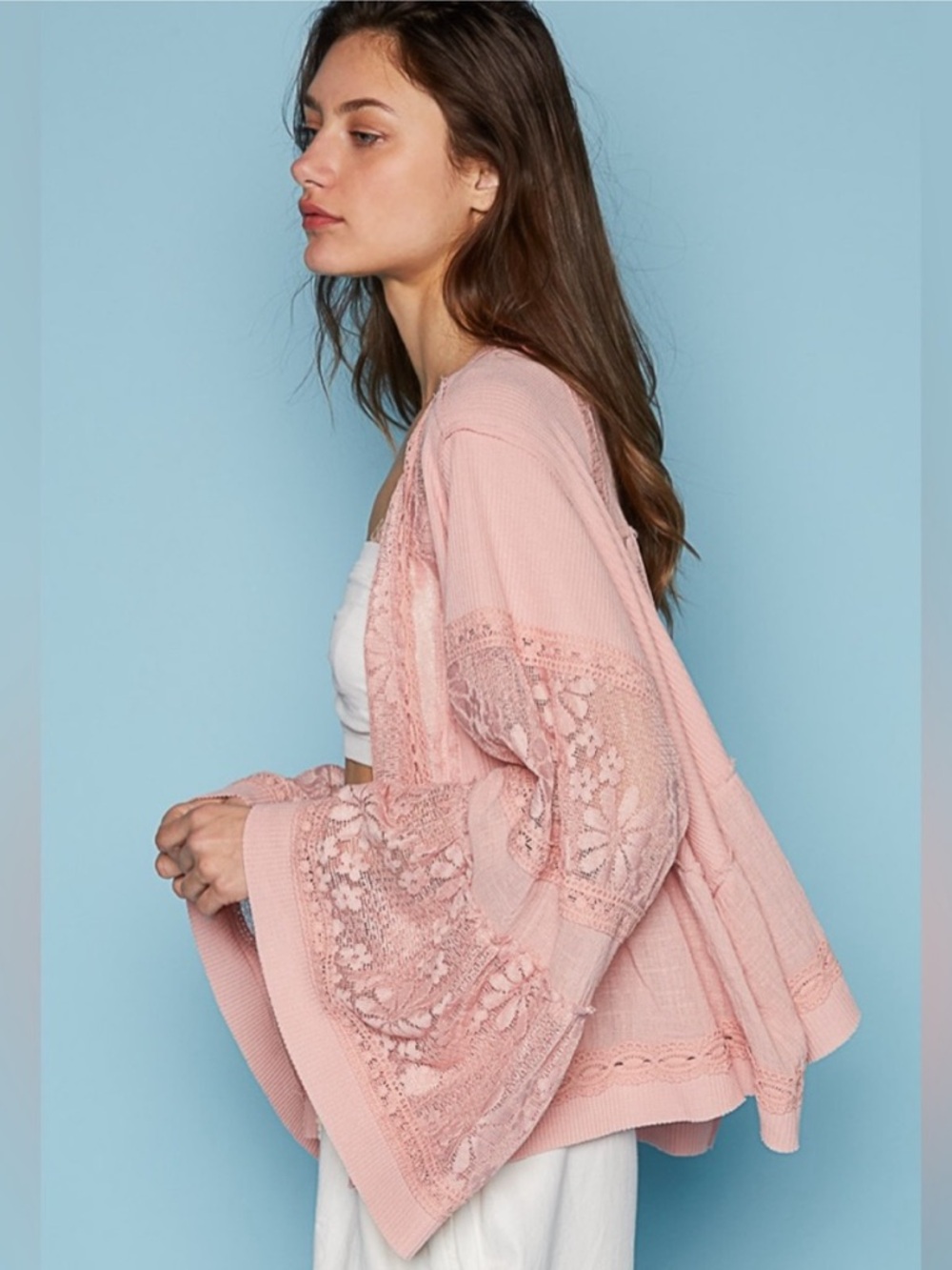 POL Dusty Pink Floral Lace Open Cardigan